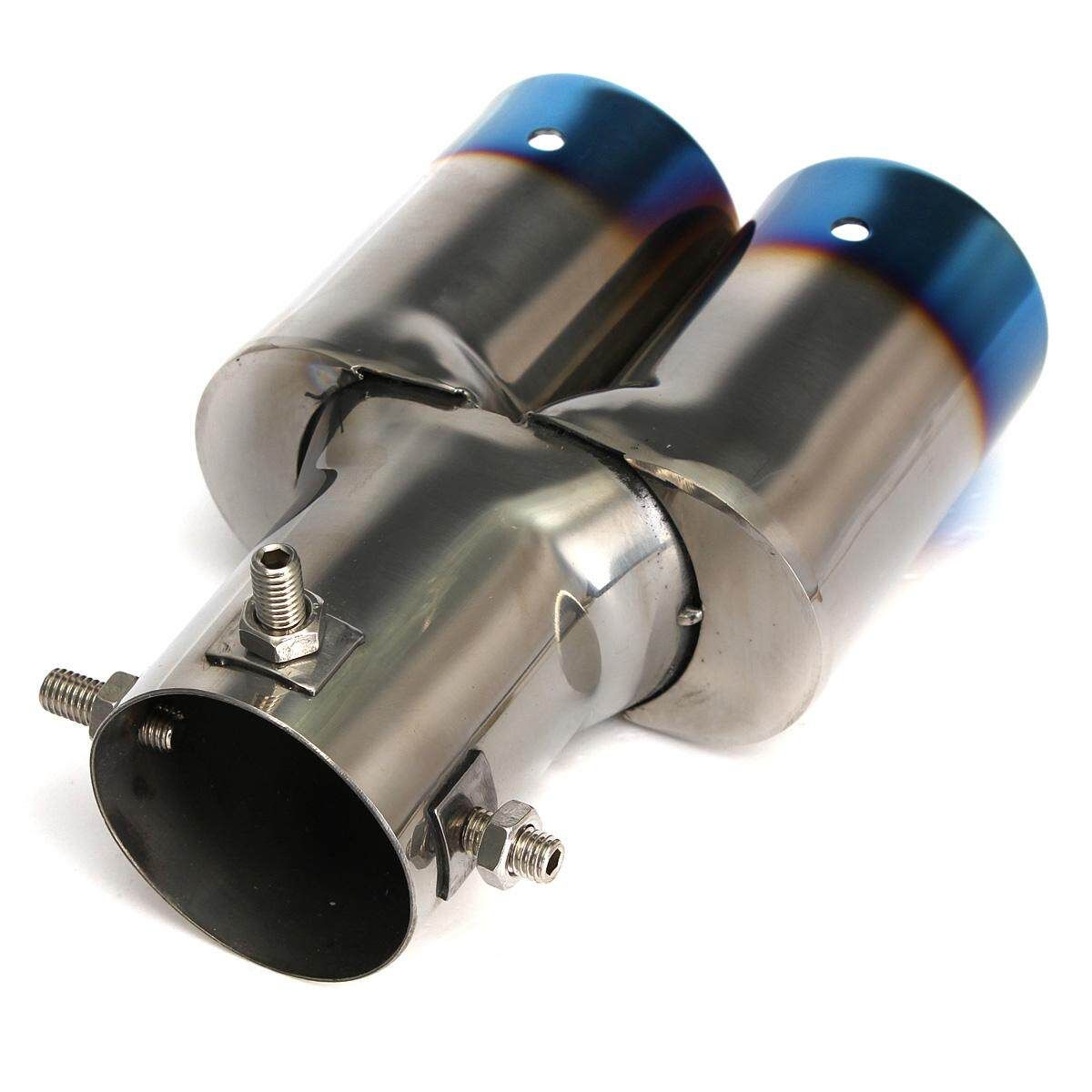 60MM Blue Universal Twin Double Exhaust Muffler Pipe Tail Tips Stainless Steel