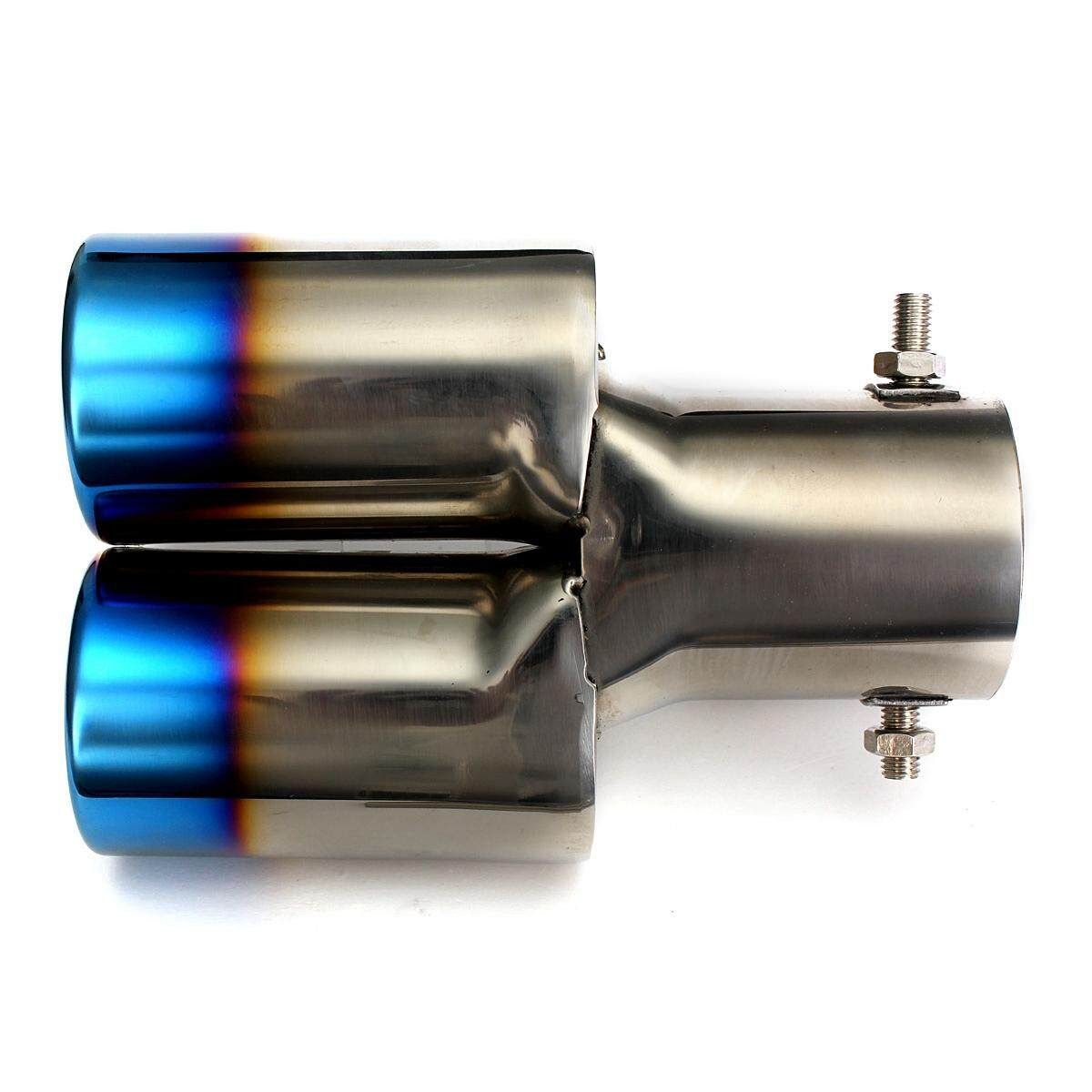 60MM Blue Universal Twin Double Exhaust Muffler Pipe Tail Tips Stainless Steel