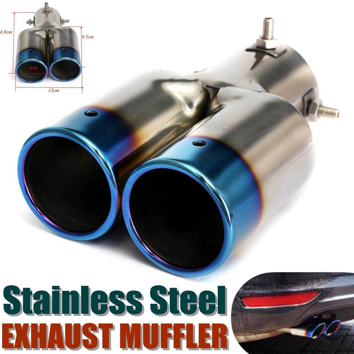 60MM Blue Universal Twin Double Exhaust Muffler Pipe Tail Tips Stainless Steel
