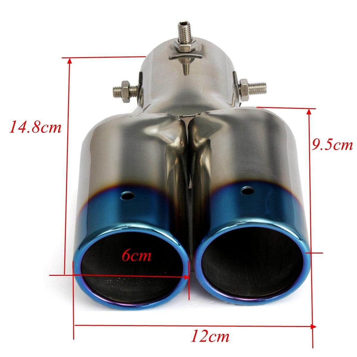 60MM Blue Universal Twin Double Exhaust Muffler Pipe Tail Tips Stainless Steel