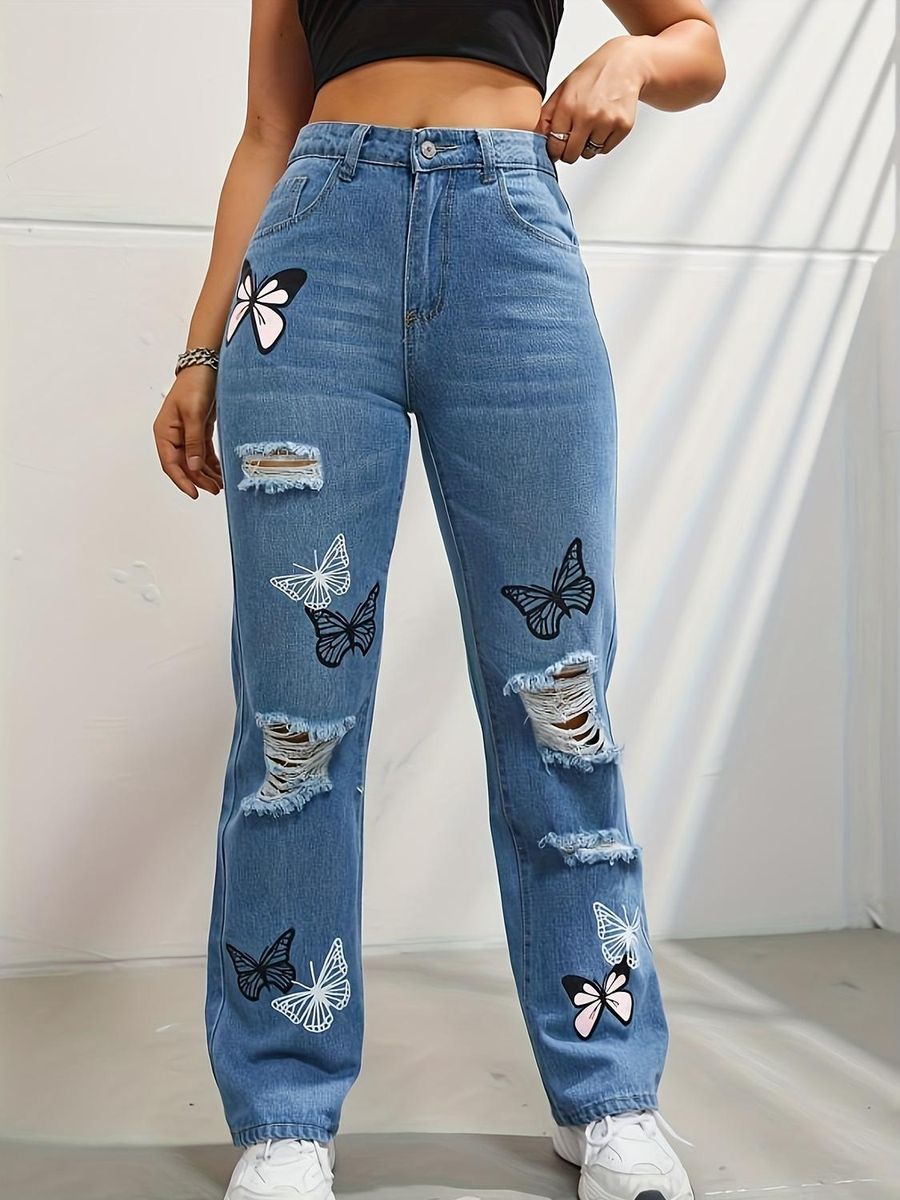 Spring and Summer New Real Time Shooting Butterfly Print with Broken Holes and Cuts in Fashion Jeans for Women