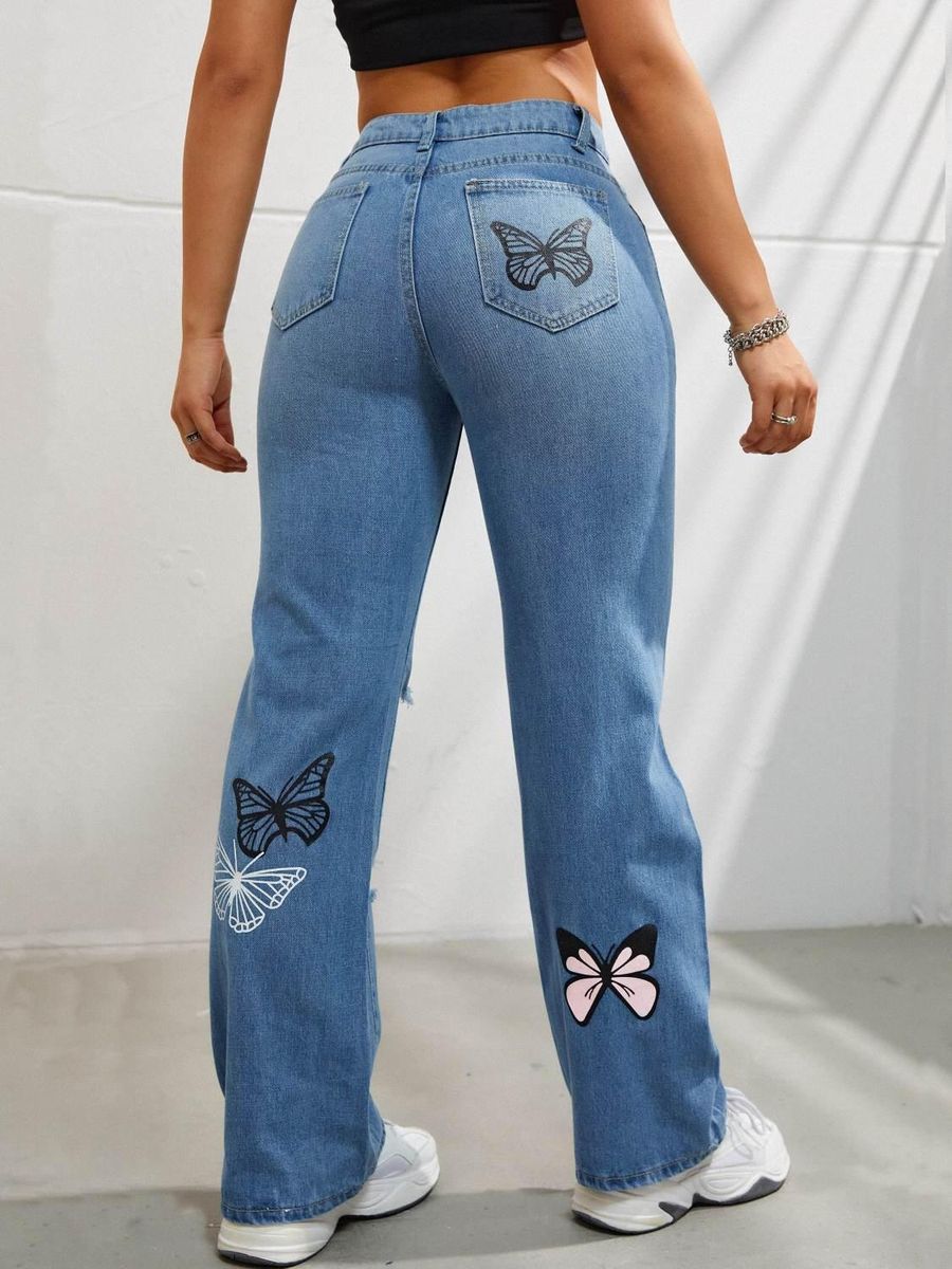 Spring and Summer New Real Time Shooting Butterfly Print with Broken Holes and Cuts in Fashion Jeans for Women