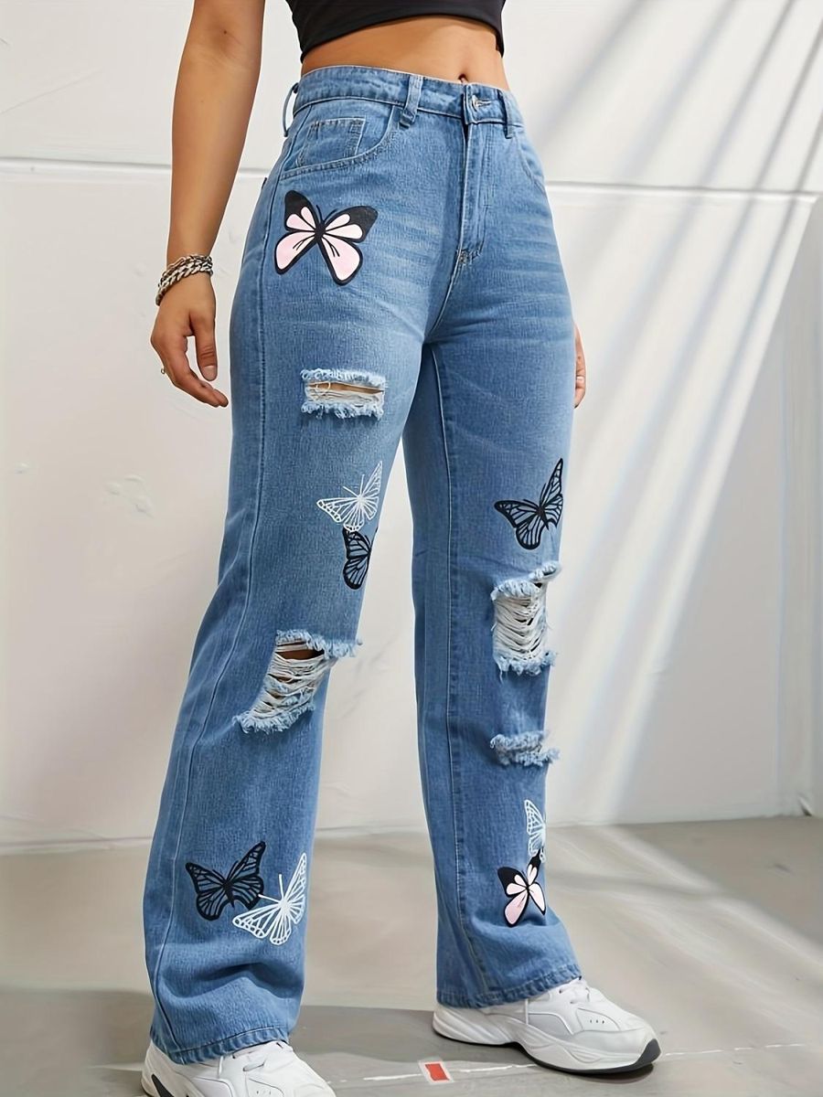 Spring and Summer New Real Time Shooting Butterfly Print with Broken Holes and Cuts in Fashion Jeans for Women