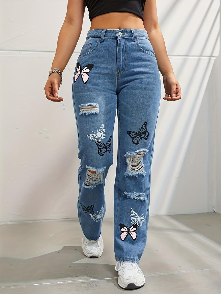 Spring and Summer New Real Time Shooting Butterfly Print with Broken Holes and Cuts in Fashion Jeans for Women