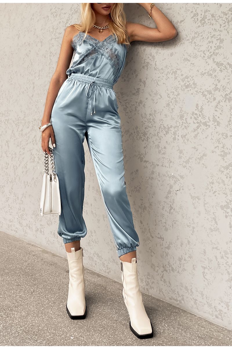 Women Two Piece Causal Party Lace Tank Top And High Waist Satin Pants Set - Grey