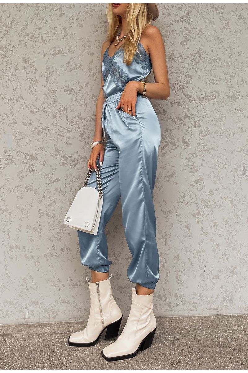 Women Two Piece Causal Party Lace Tank Top And High Waist Satin Pants Set - Grey