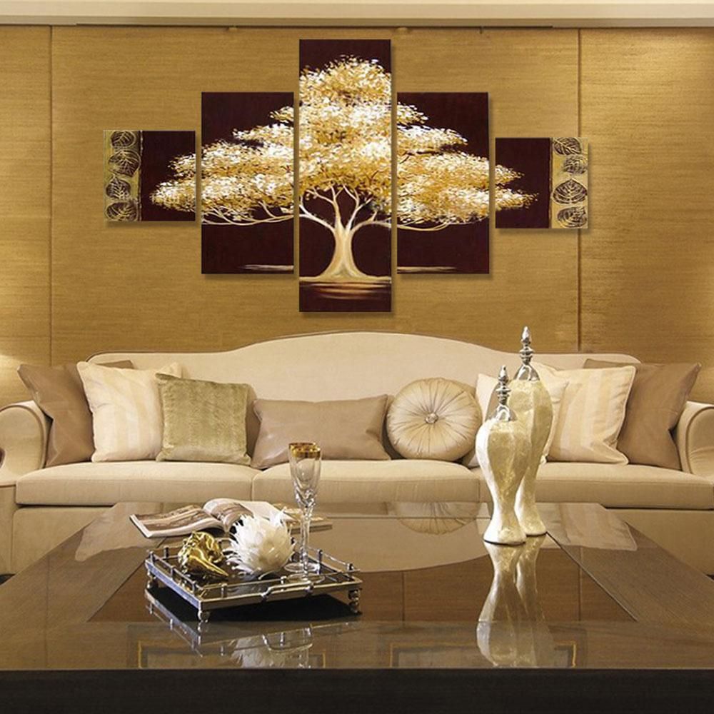 Golden Tree 5 Piece Abstract Floral Hand-Painted Oil Paintings on Canvas Wall Art for Home Living Room Office Decro Without Frame