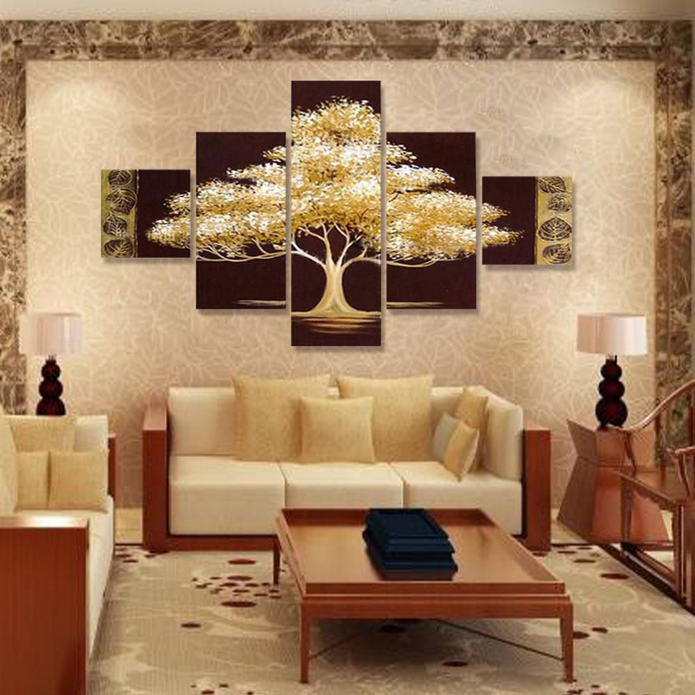 Golden Tree 5 Piece Abstract Floral Hand-Painted Oil Paintings on Canvas Wall Art for Home Living Room Office Decro Without Frame