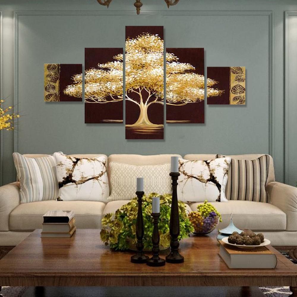 Golden Tree 5 Piece Abstract Floral Hand-Painted Oil Paintings on Canvas Wall Art for Home Living Room Office Decro Without Frame