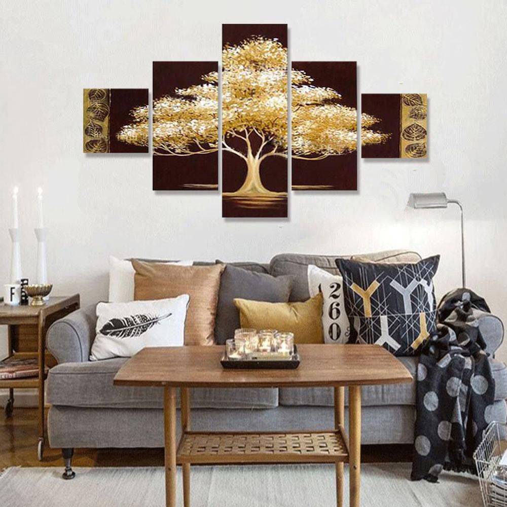 Golden Tree 5 Piece Abstract Floral Hand-Painted Oil Paintings on Canvas Wall Art for Home Living Room Office Decro Without Frame