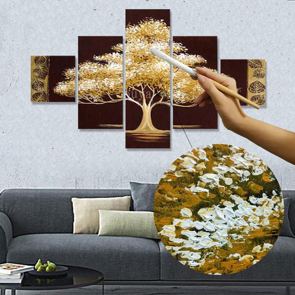 Golden Tree 5 Piece Abstract Floral Hand-Painted Oil Paintings on Canvas Wall Art for Home Living Room Office Decro Without Frame