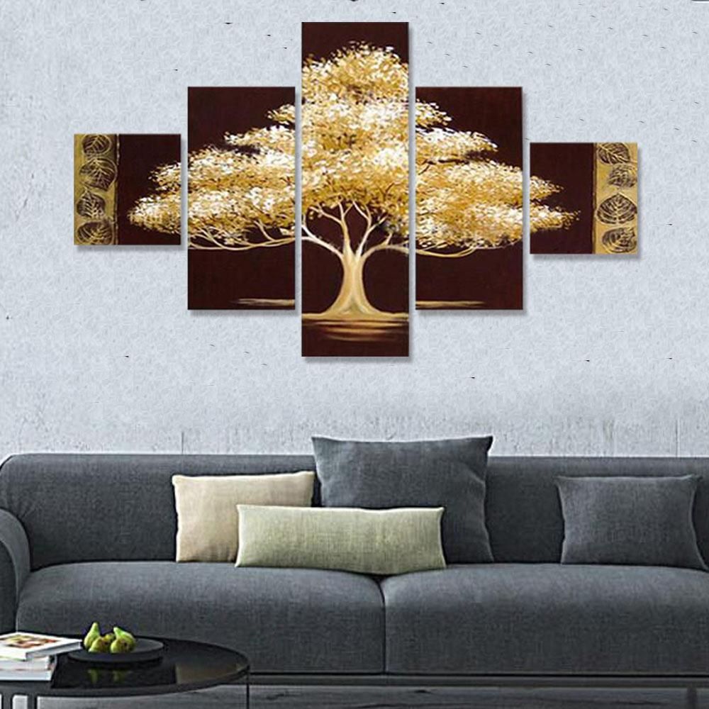 Golden Tree 5 Piece Abstract Floral Hand-Painted Oil Paintings on Canvas Wall Art for Home Living Room Office Decro Without Frame