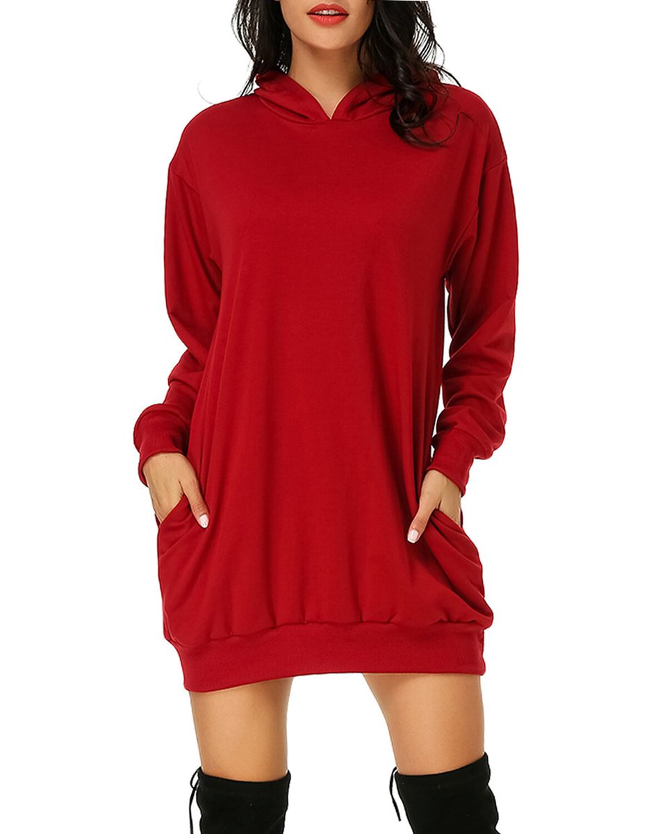 Women Long Sleeve Hooded Pockets Pullover Sweatshirt-Wine Red