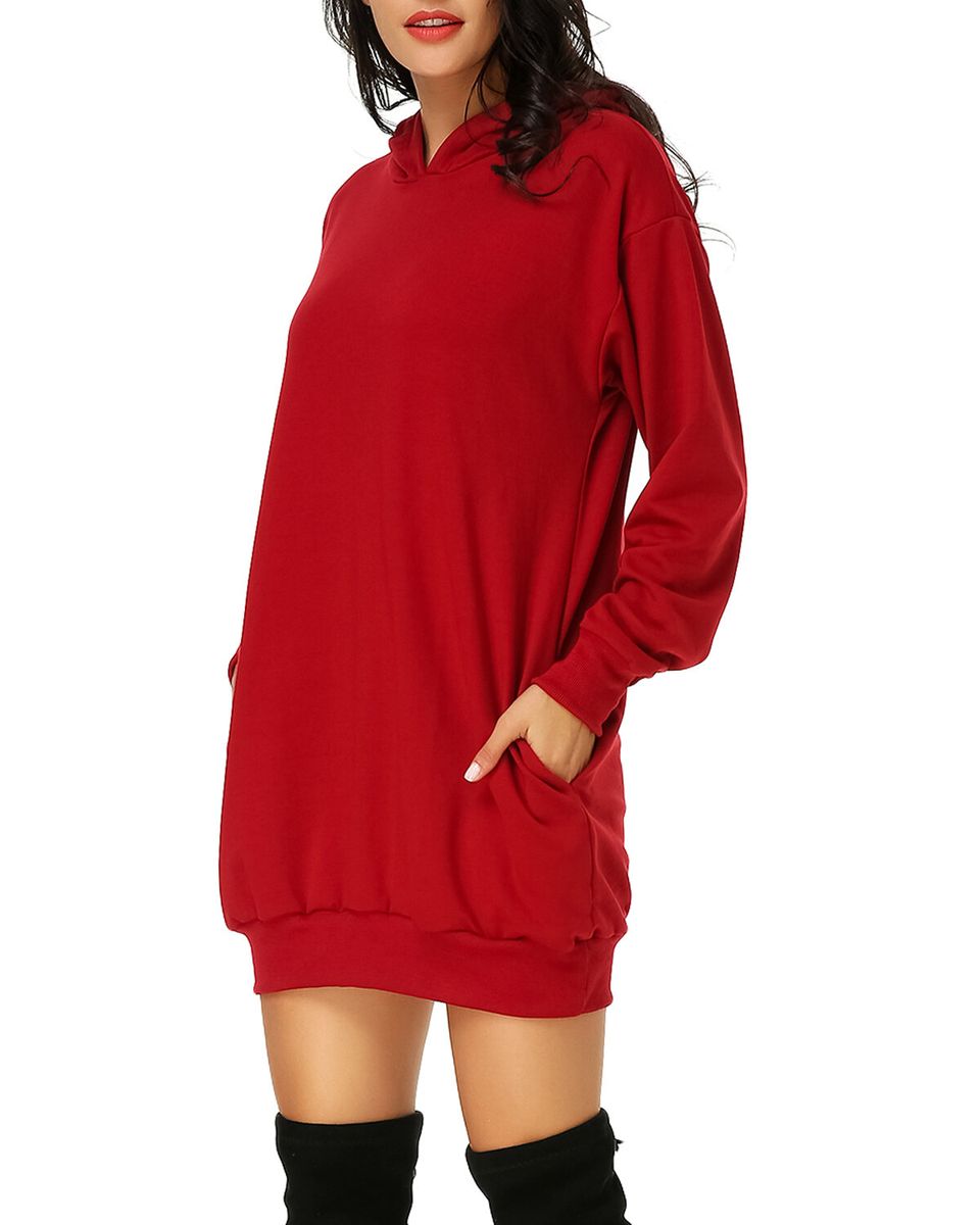 Women Long Sleeve Hooded Pockets Pullover Sweatshirt-Wine Red