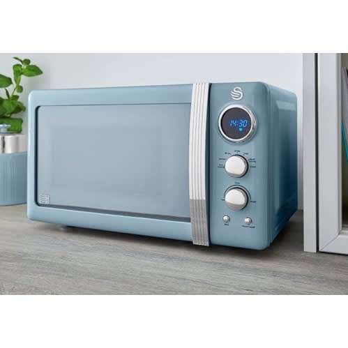Retro Digital Microwave - 20L - 800W - 6 Power Levels Including Defrost Setting - Blue