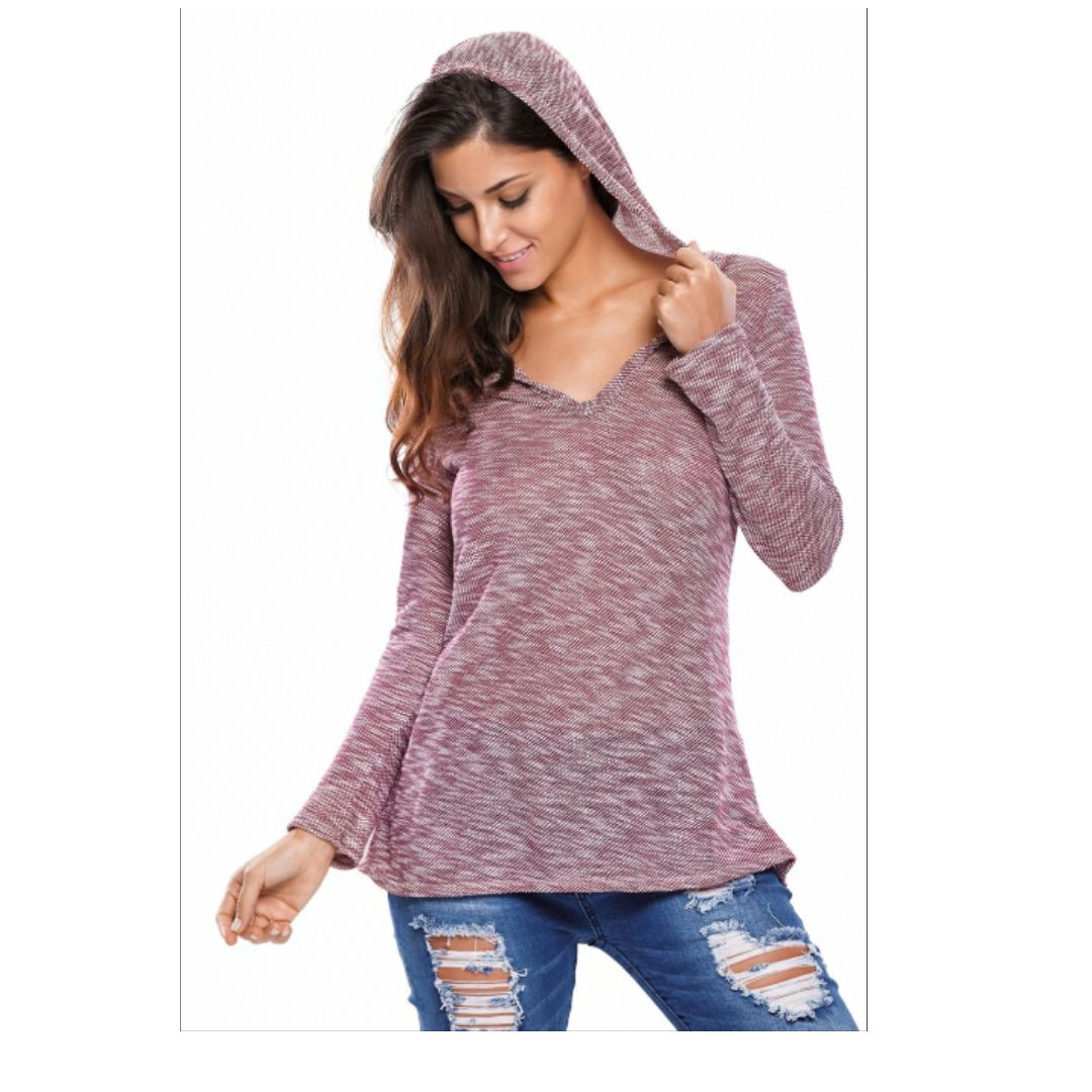 Mfed Burgundy Hooded V Neck Long Sleeve Loose Knitted Top
