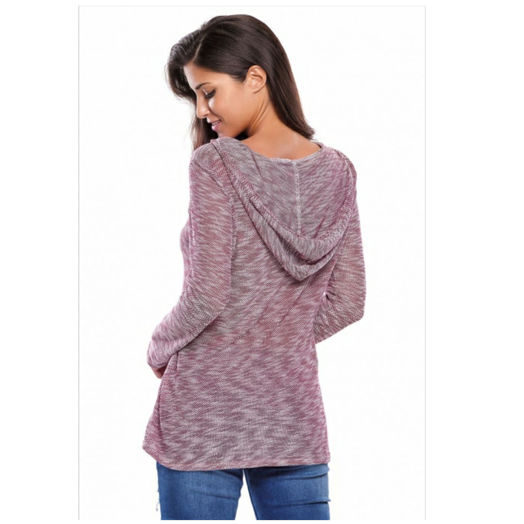 Mfed Burgundy Hooded V Neck Long Sleeve Loose Knitted Top