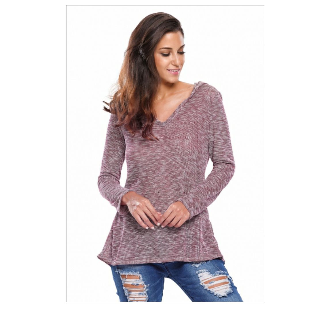 Mfed Burgundy Hooded V Neck Long Sleeve Loose Knitted Top