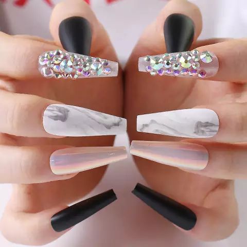 30pcs/Box Marble Black Matte  Chrome Press On Nails With Rhinestones
