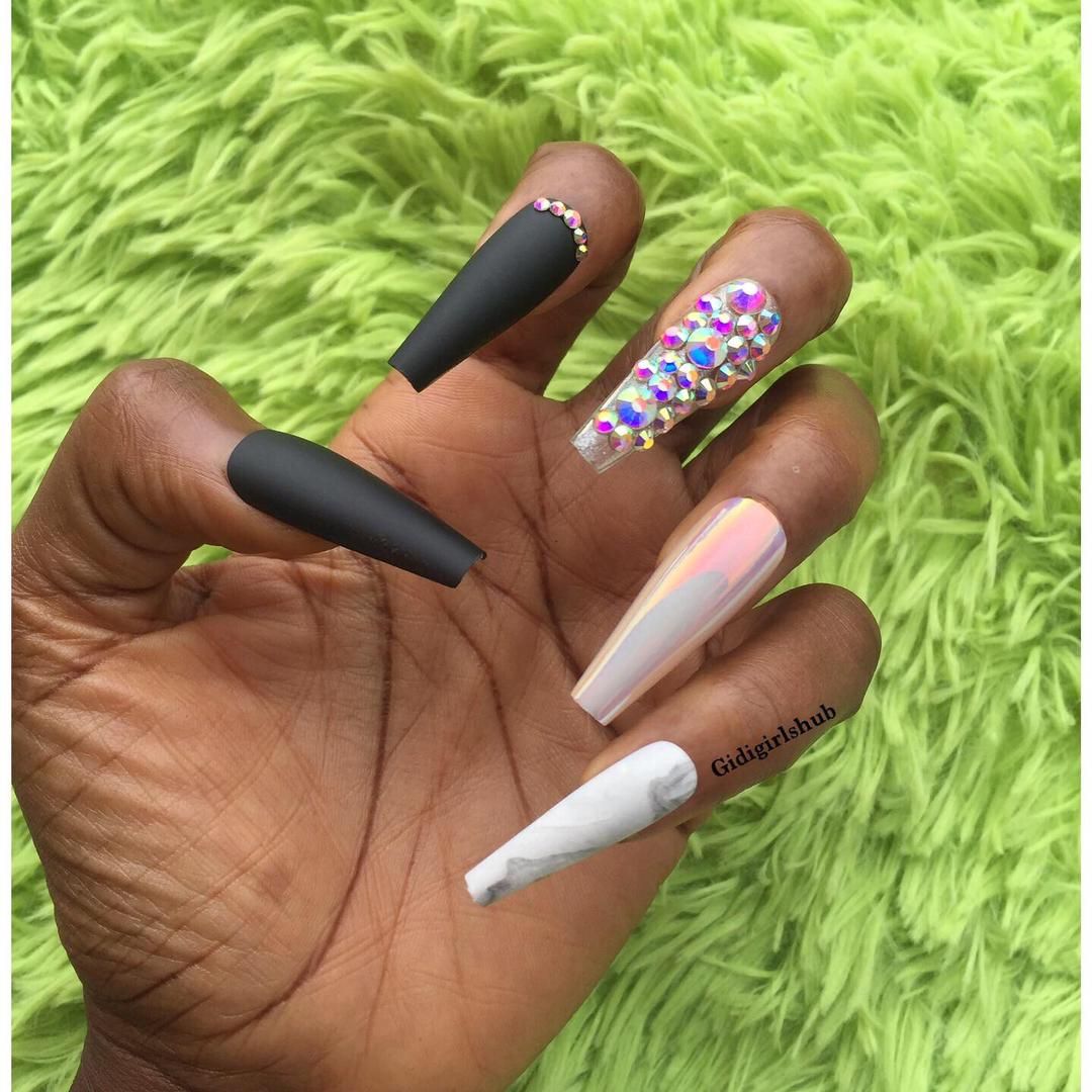 30pcs/Box Marble Black Matte  Chrome Press On Nails With Rhinestones