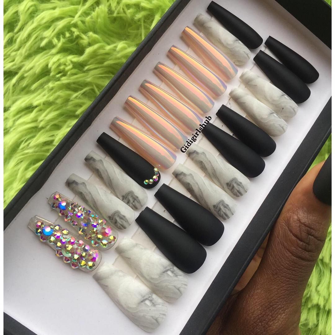 30pcs/Box Marble Black Matte  Chrome Press On Nails With Rhinestones