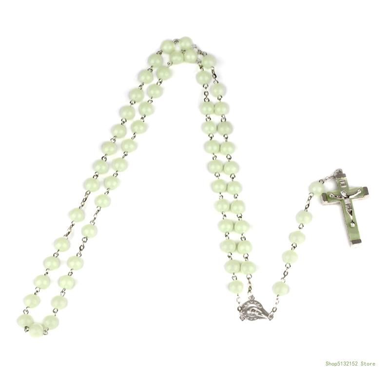QX2E 8mm Glow In The Dark Rosary Necklace  Christ For Cross