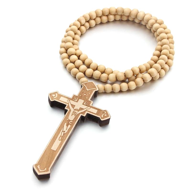 1 Pc Catholic Cross Necklace Wooden Beads Rosary Religious