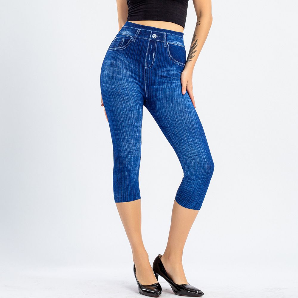 Jeans Jeggings Leggings 3/4 Stretchy High Waist- Blue