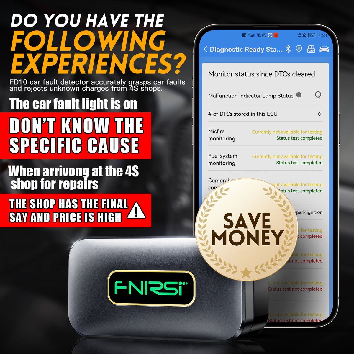 FNIRSI FD10 Car OBD2 Scanner Code Reader Clear Error OBD
