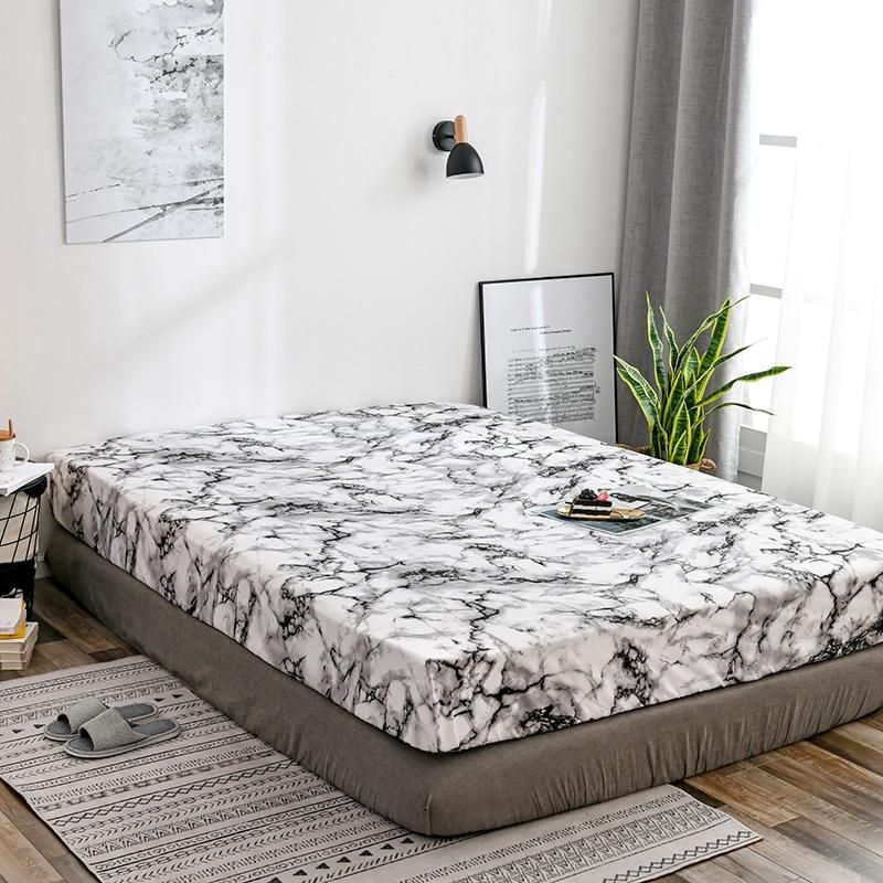 Mattress Cover Marble Printed Pattern Fitted Sheet Mattress Cover with All-Around Elastic Rubber Band Bed Linens Home Textile 138x190x30Cm