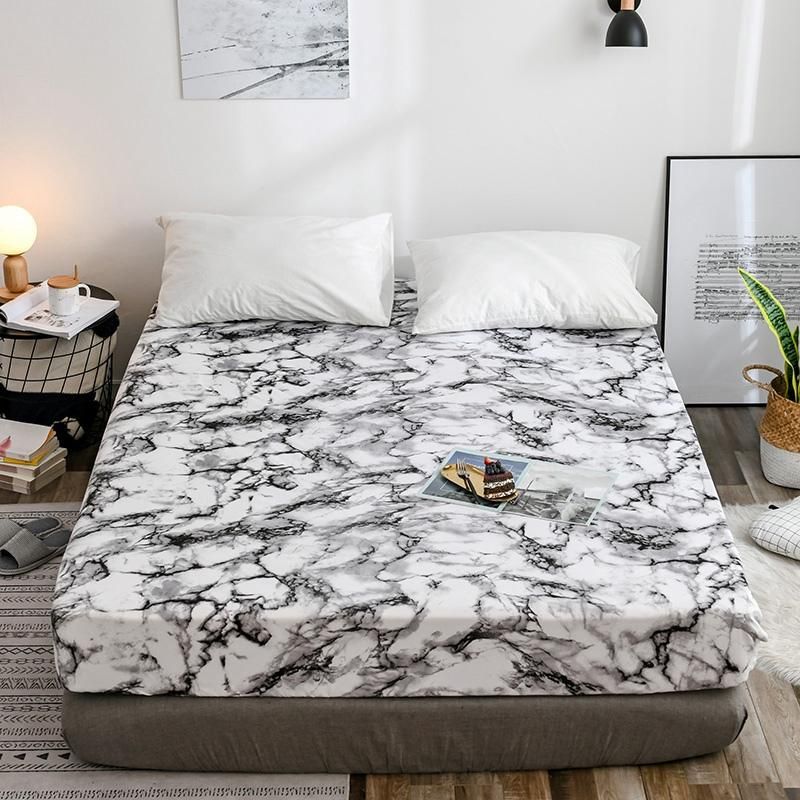 Mattress Cover Marble Printed Pattern Fitted Sheet Mattress Cover with All-Around Elastic Rubber Band Bed Linens Home Textile 138x190x30Cm