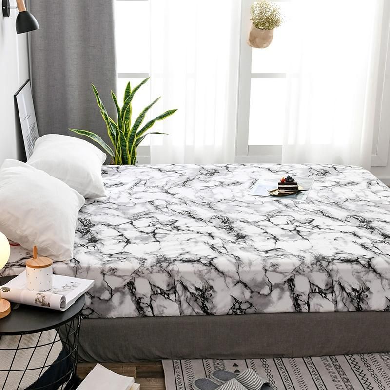 Mattress Cover Marble Printed Pattern Fitted Sheet Mattress Cover with All-Around Elastic Rubber Band Bed Linens Home Textile 138x190x30Cm