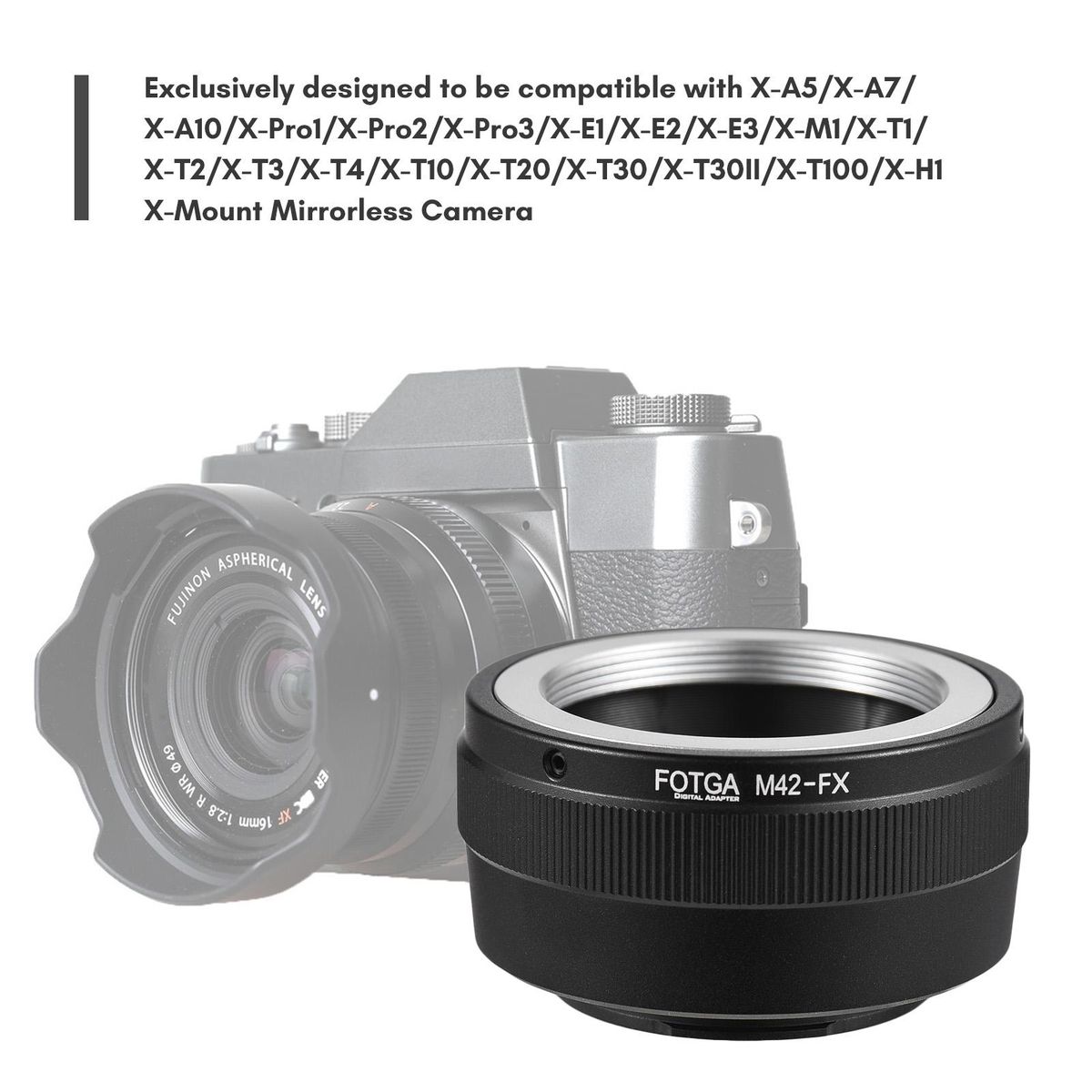 FOTGA Manual Lens Mount Adapter Ring Aluminum Alloy for Pentax M42 Mount Lens to Fuji X-A5/X-A7/X-A10/X-Pro1/X-Pro2/X-Pro3/X-E1/X-E2/X-E3/X-M1/X-T1/X-T2/X-T3/X-T4/X-T10/X-T20/X-T30/X-T30II/X-T100/X-H1 X-Mount Mirrorless Camer