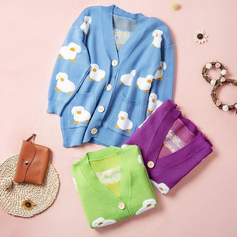 Women Oversized Knitting Cardigan Coat Cute Sheep Buttons Front with Pocket Loose Sweater Casual Jackets