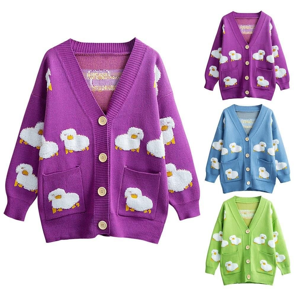 Women Oversized Knitting Cardigan Coat Cute Sheep Buttons Front with Pocket Loose Sweater Casual Jackets