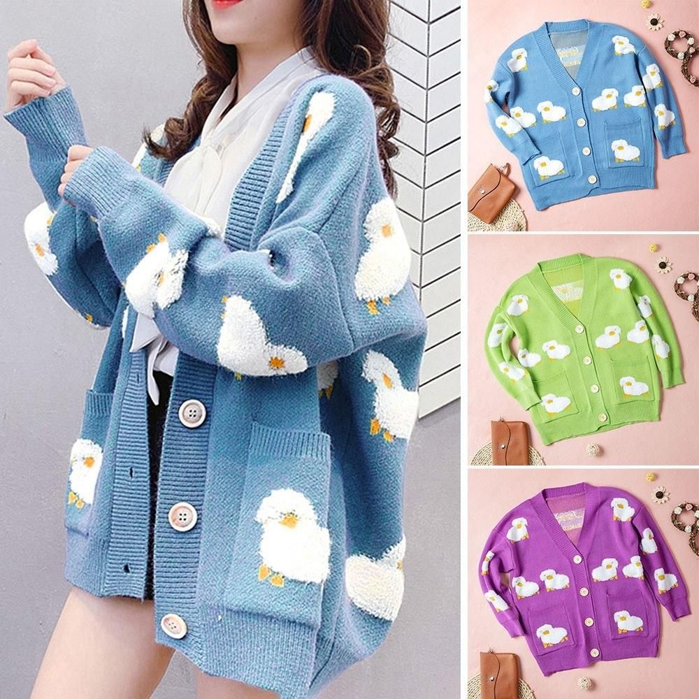 Women Oversized Knitting Cardigan Coat Cute Sheep Buttons Front with Pocket Loose Sweater Casual Jackets