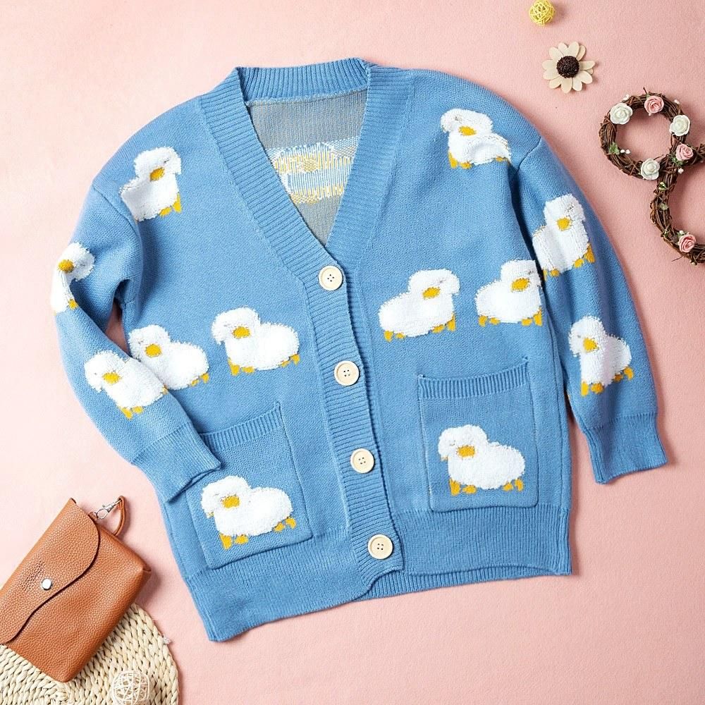 Women Oversized Knitting Cardigan Coat Cute Sheep Buttons Front with Pocket Loose Sweater Casual Jackets