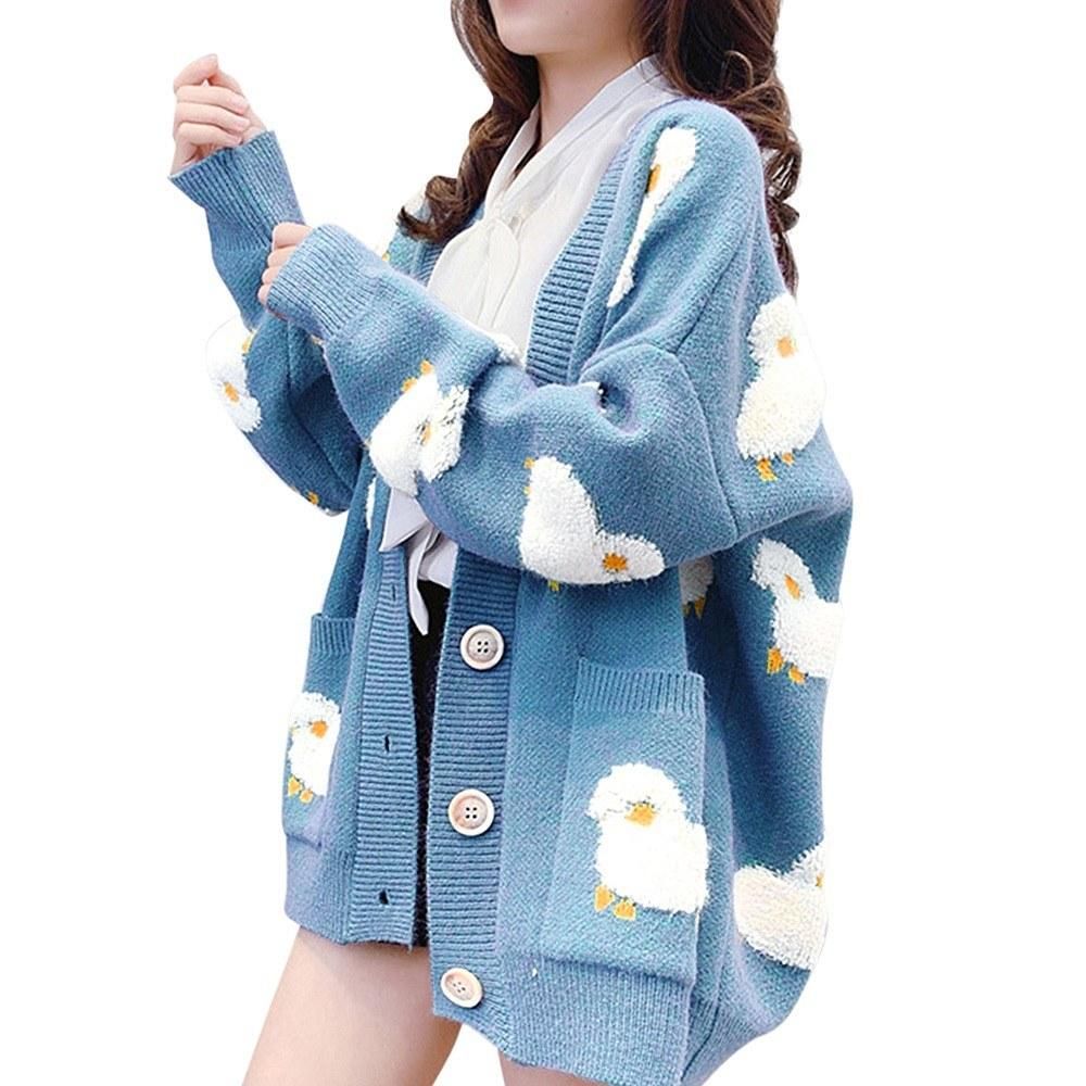 Women Oversized Knitting Cardigan Coat Cute Sheep Buttons Front with Pocket Loose Sweater Casual Jackets