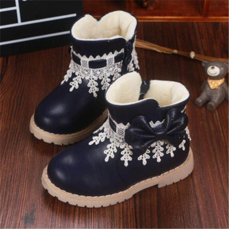 Waterproof Baby Kids Girls Children Lace Snow Ankle Boots Casual Princess Shoes Black 21