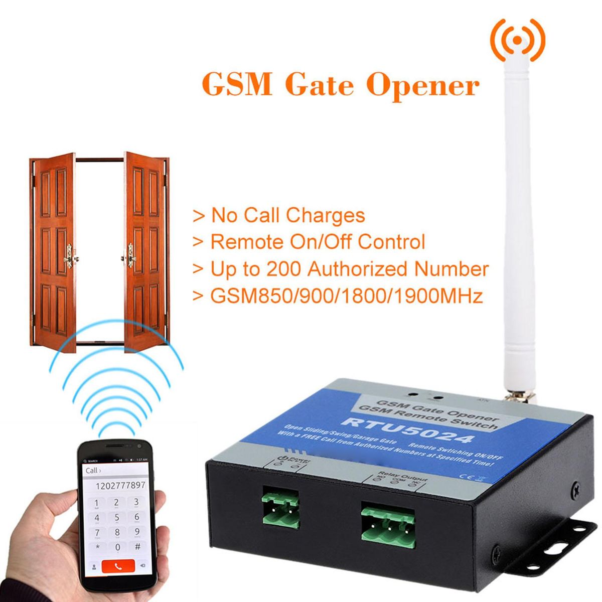GSM Door Gate Opener Remote On/Off Switch Free Call SMS Command Support 850/900/1800/1900MHz