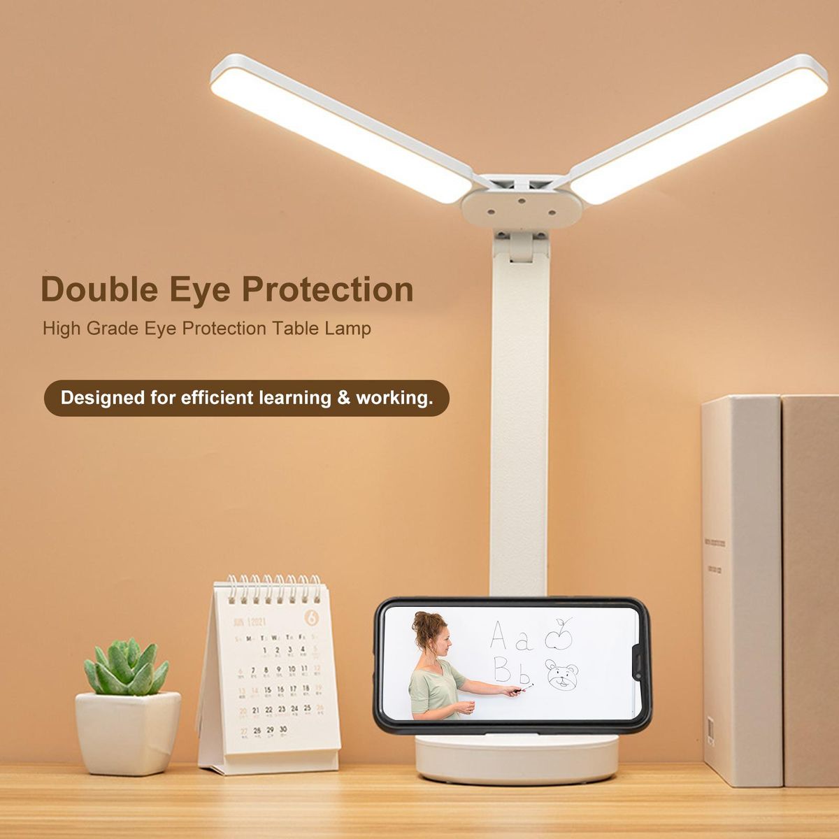 Double Heads Eye Protections Desk Lamp USB Rechargeable Touching Control Eye-caring Nightstand Light for Bedroom Living Room Study Room