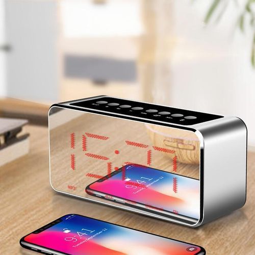 Wireless Bluetooth LED Mirror Clock Speaker Heavy Bass TF Card FM Radio Subwoofer Alarm Clock