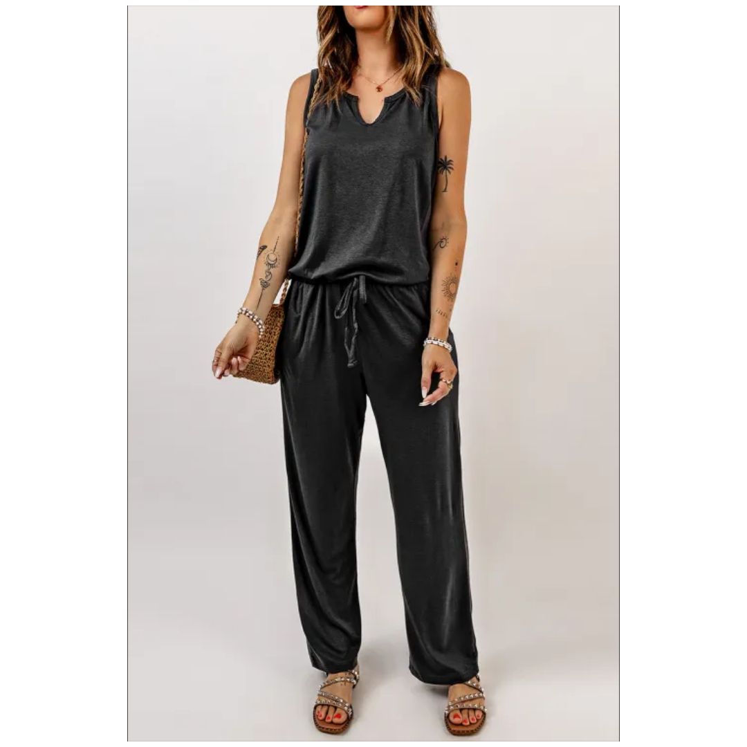 Mfed Gray Split Neck Drawstring Waist Sleeveless Jumpsuit