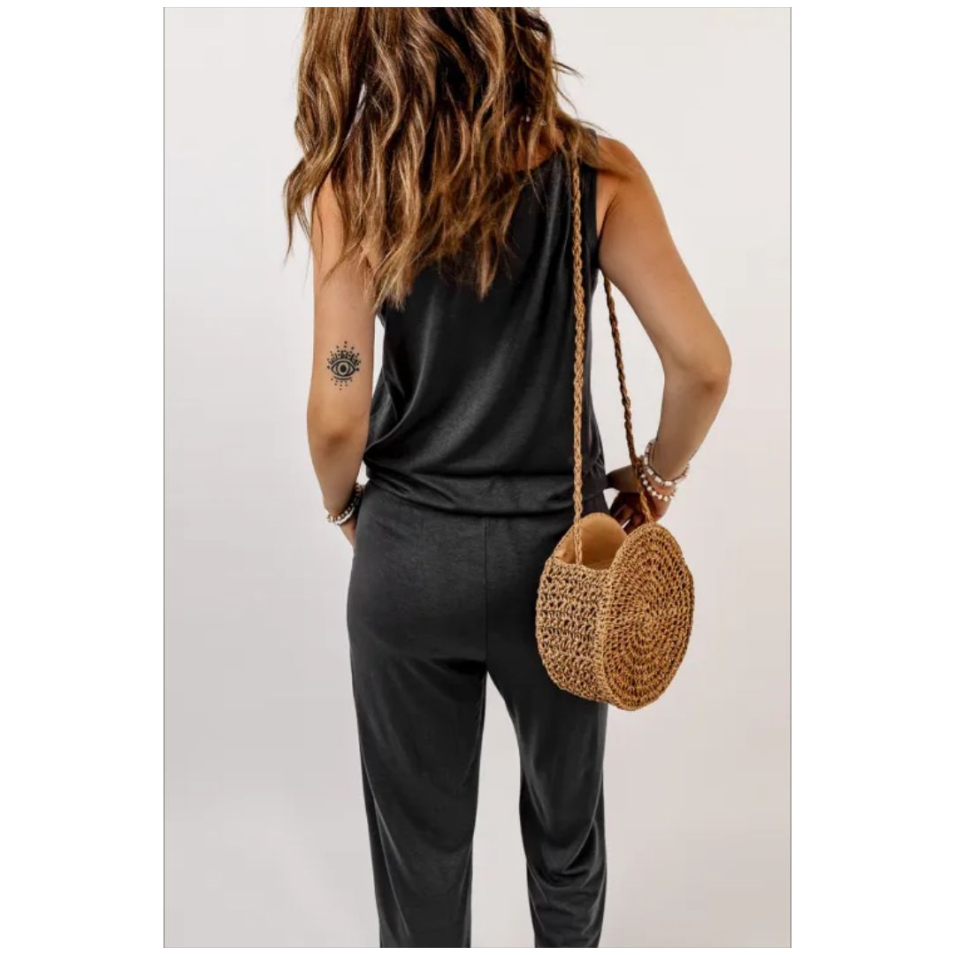 Mfed Gray Split Neck Drawstring Waist Sleeveless Jumpsuit
