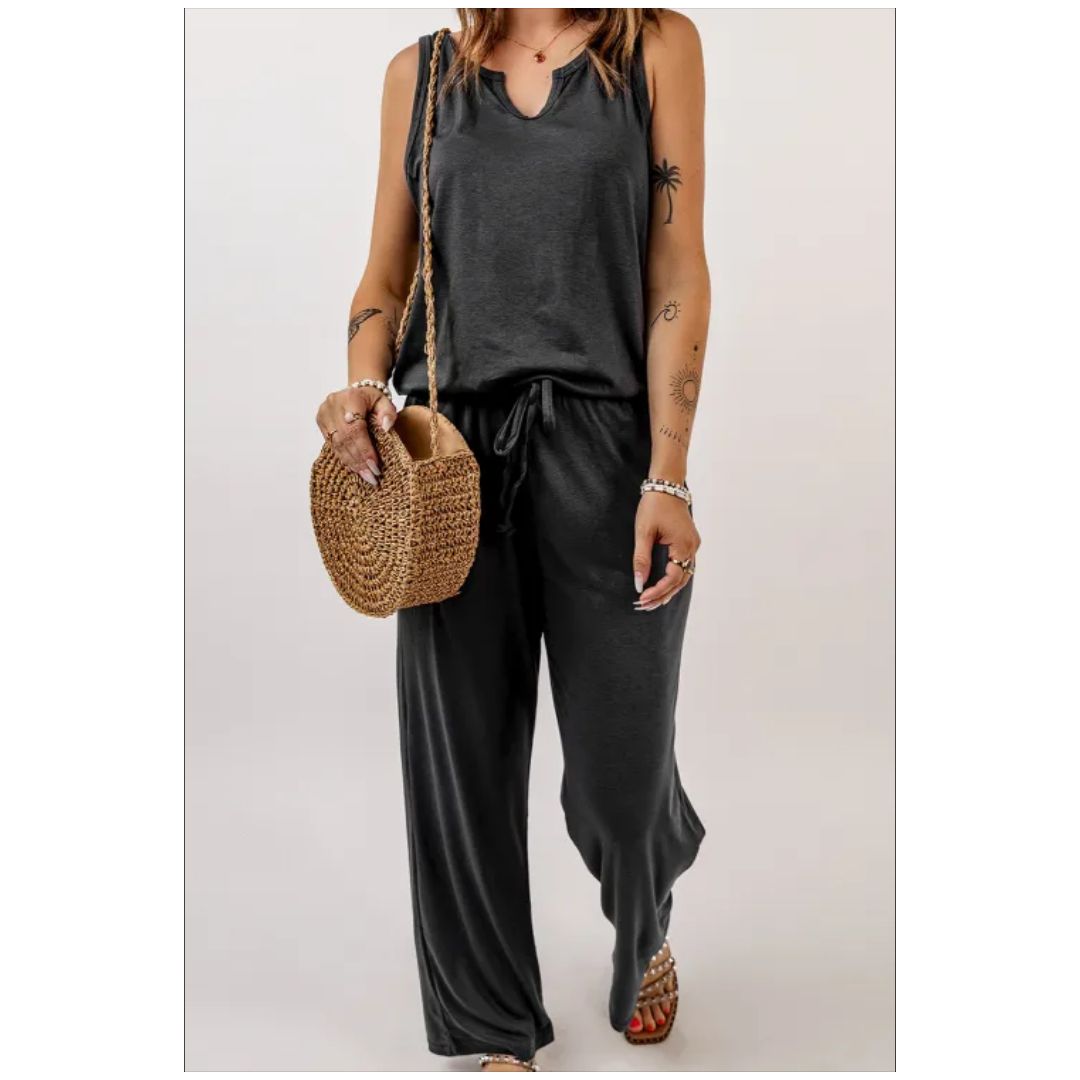 Mfed Gray Split Neck Drawstring Waist Sleeveless Jumpsuit