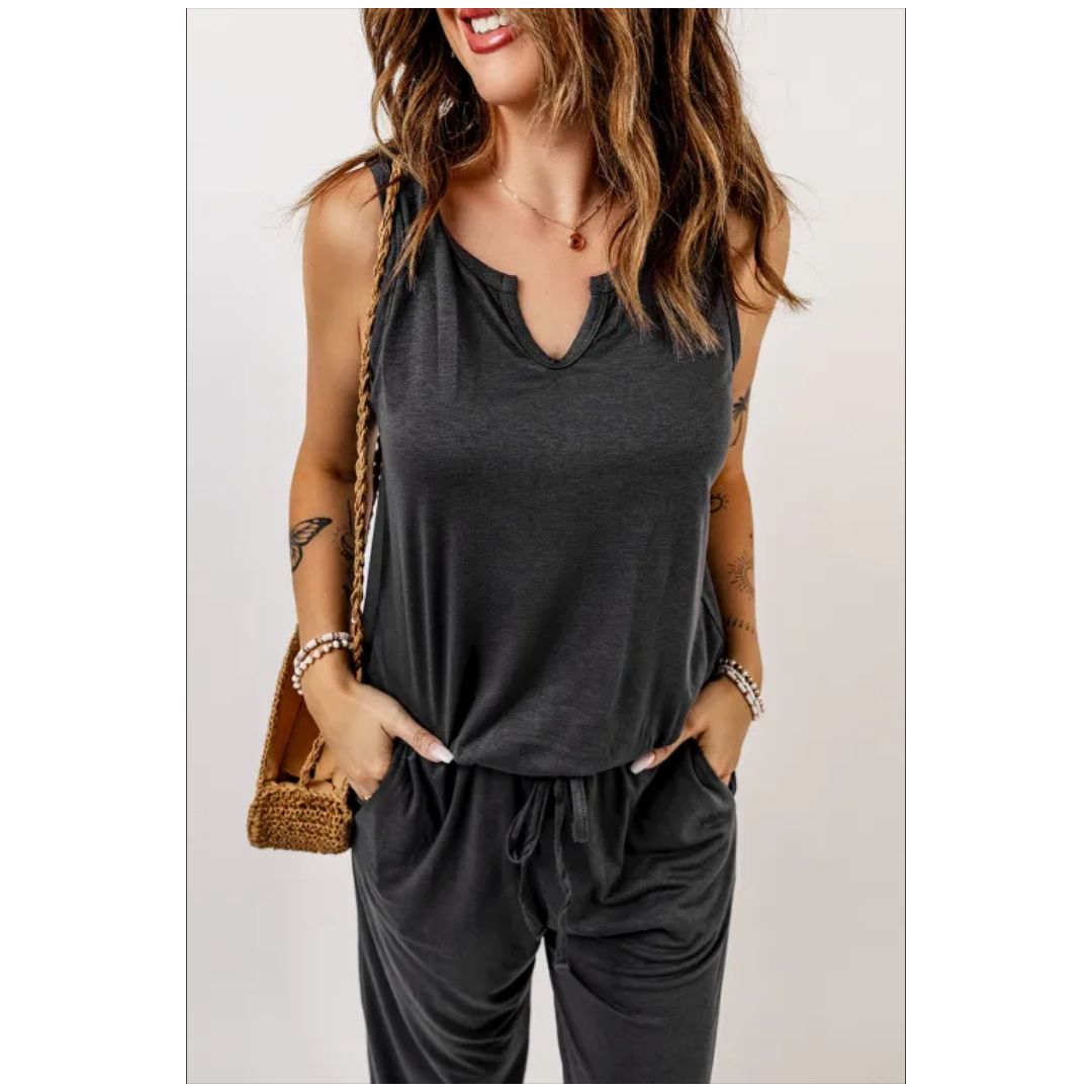 Mfed Gray Split Neck Drawstring Waist Sleeveless Jumpsuit