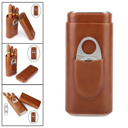 Leather Croco 3 Tube Travel  Holder Case Humidor With Brown