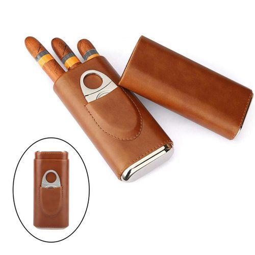 Leather Croco 3 Tube Travel  Holder Case Humidor With Brown