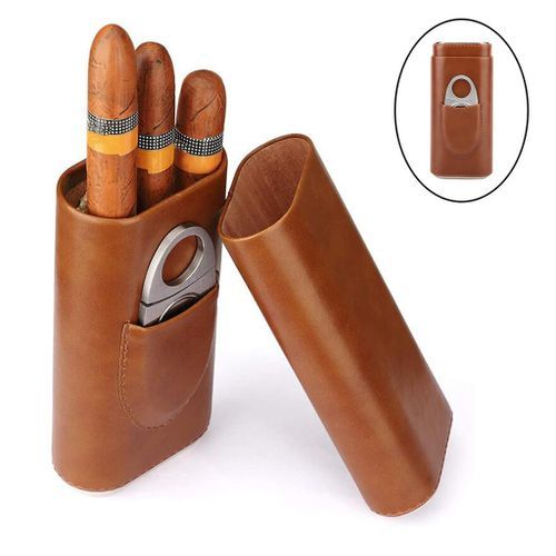 Leather Croco 3 Tube Travel  Holder Case Humidor With Brown