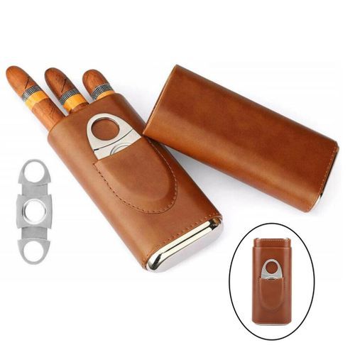 Leather Croco 3 Tube Travel  Holder Case Humidor With Brown